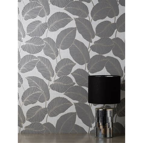 Fd42819 Larson Grey Leaf Wallpaper By Fine Decor