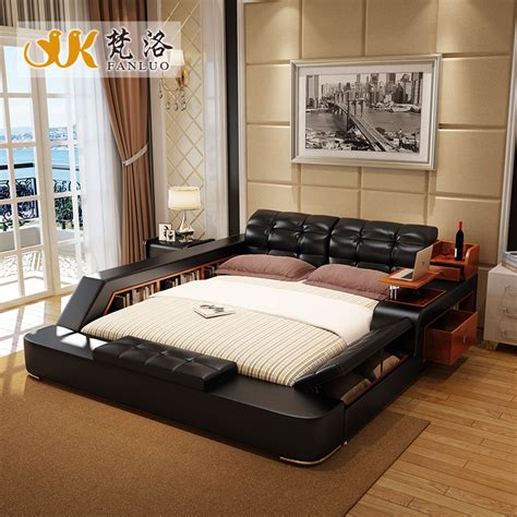 modern leather queen size storage bed frame  side storage cabinets