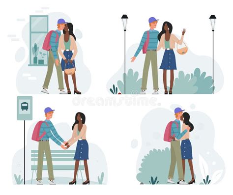 Happy Romantic Couple Walking Together On Date Set Cartoon Lovers