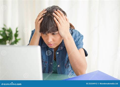 Depressed Student Looking At Her Computer Stock Photo Image Of