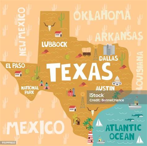 Illustrated Map Of The State Of Texas In United States With Cities And