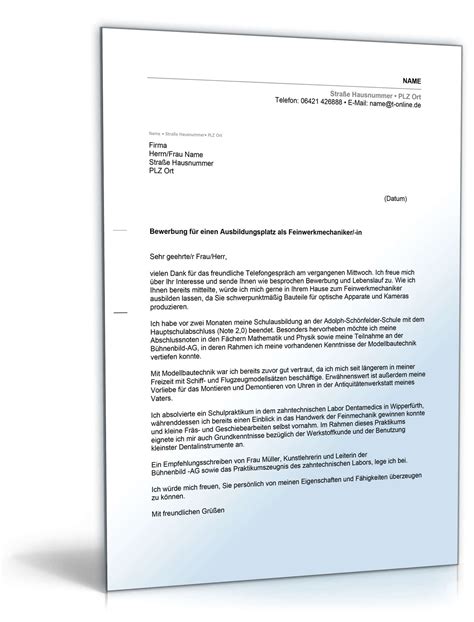 Bewerbung um einen arbeitsplatz muster 15. Anschreiben Bewerbung Ausbildungsplatz Feinwerkmechaniker
