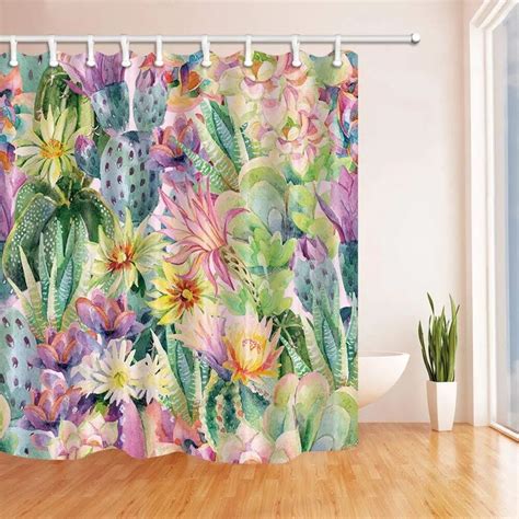 Watercolor Blooming Cactus Flowers Shower Curtain Polyester Fabric