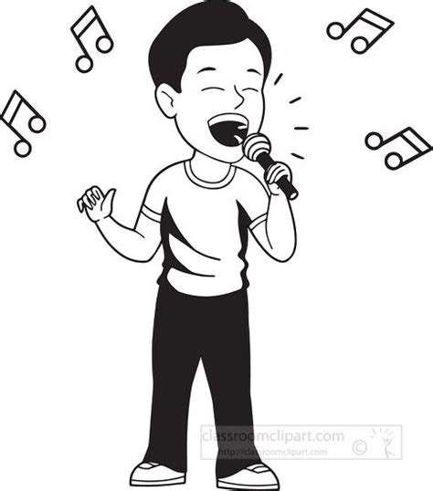 Music Outline Clipart Black White Boy Singing With Microphone Clipart