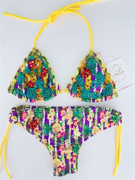 yellow purple pineapple colombian beaded bikini set in 2020 beaded bikini bikini set bikinis