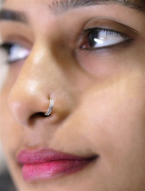 Natural White Round Diamond Nose Ring 14k Solid Gold Hoop Nose Ring