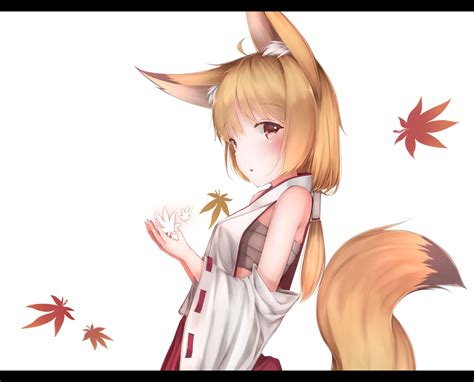 Animal Ears Brown Hair Cropped Foxgirl Japanese Clothes Leaves Miko