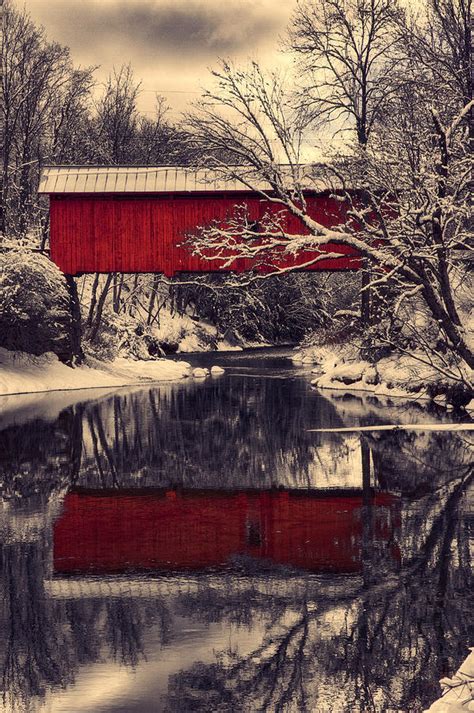 Red Covered Bridge In Winter Photograph By Jeff Folger Fine Art America