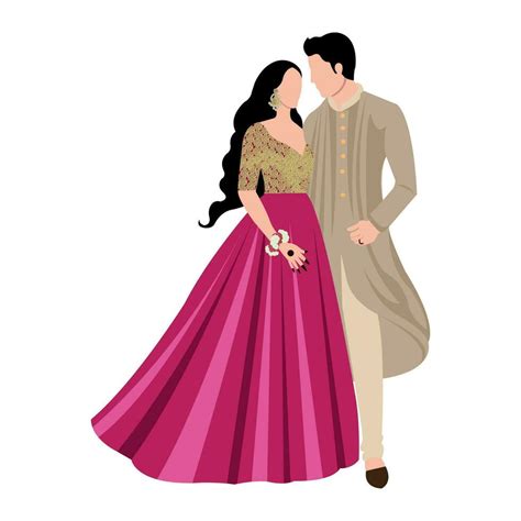 Vector Vector Cute Indian Couple Cartoon In Traditional Dress Posing For Wedding Invitation Card