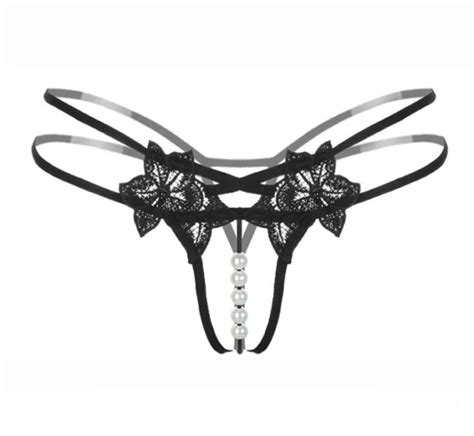 Women Sexy Thong Open Crotch Crotchless Underwear Pearl Night Wear Lace