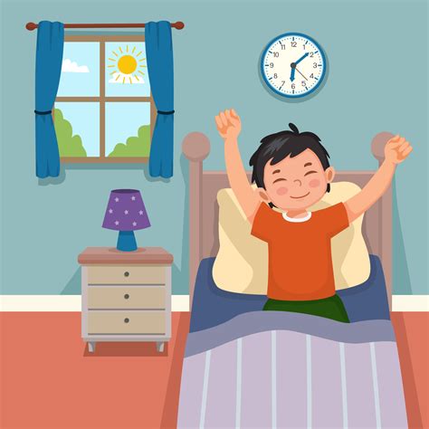 Cute Little Boy Wake Up In Morning Stretching Hands On Bed In Bedroom