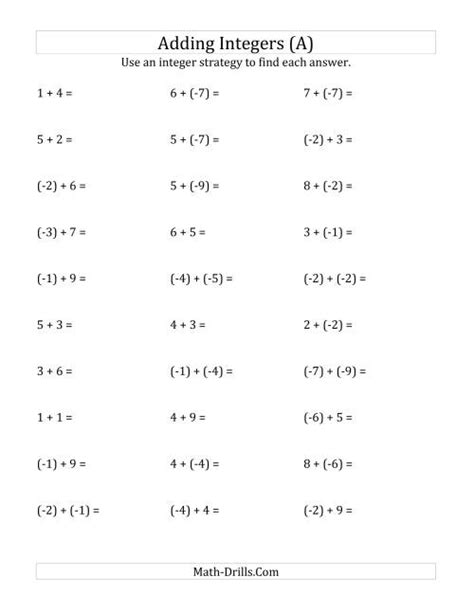 Adding Integers From 9 To 9 Negative Numbers In Parentheses A