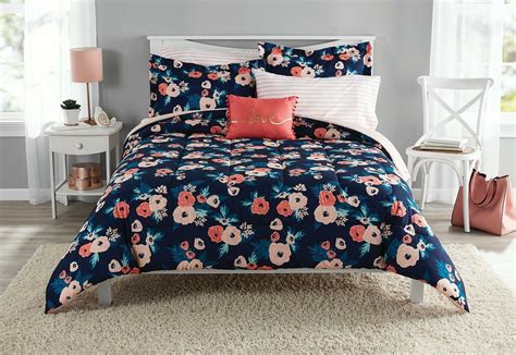Navy Coral Blush Trendy Floral Comforter Set With Sheets Bedding Teen