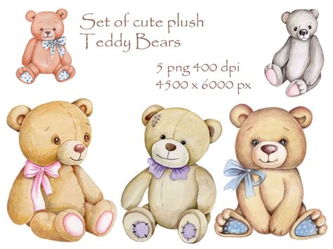 Set Of Cute Plush Teddy Bears Hand Drawn Watercolor Illustrations By