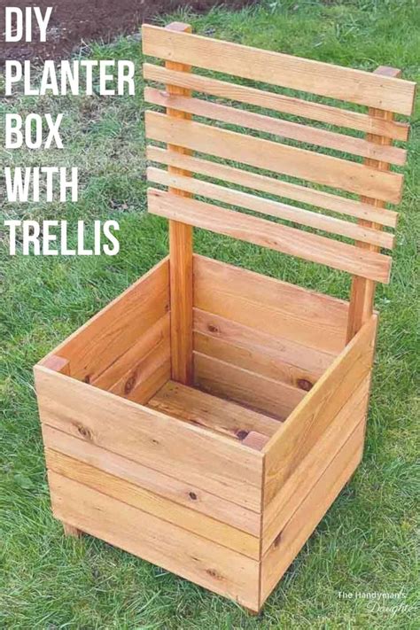 A Wooden Planter Box With Trelliss On The Grass And Text Overlay That