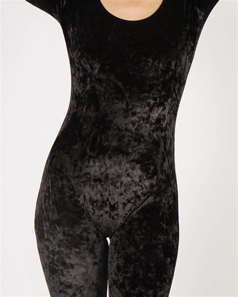 Black Crushed Stretch Velvet Catsuit Jumpsuit Unitard Bodysuit Etsy