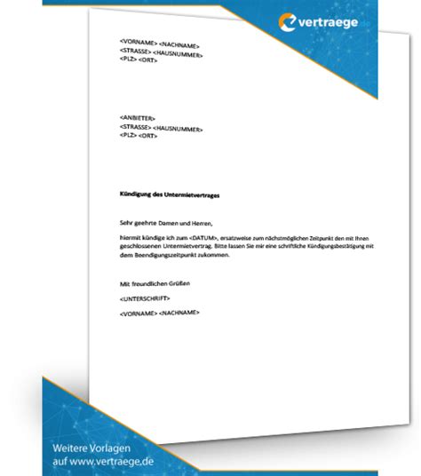 Musterbrief für die kündigung einer wohnung als mieter ist man in seinem leben sicher einige male darauf angewiesen umzuziehen. Muster Kündigung Untermietvertrag - Vertraege.de