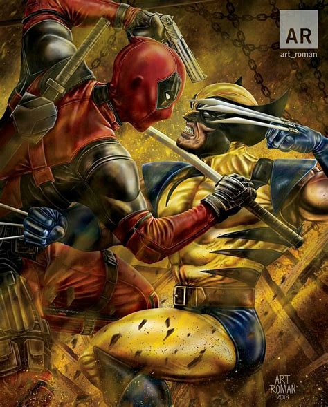Two Deadpools Fighting With Each Other In Front Of A Yellow And Red