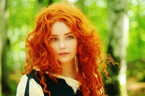 women redhead blue eyes face curly hair cosplay freckles princess merida looking at