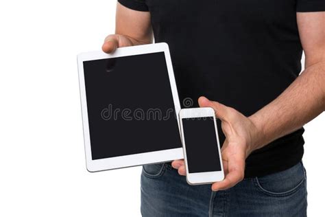 Man Showing Tablet Vs Smartphone Stock Image Image Of Holding Global