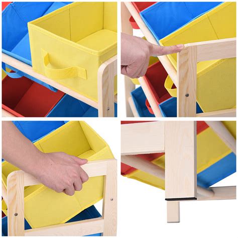 Toy Storage Organizer Wood Frame Shelf With 9 Removable Bins For Fun