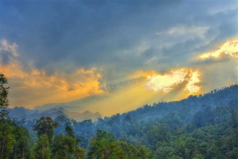 Landscape Of Sunset Behind The Hills And Mountain Top In The Jungle