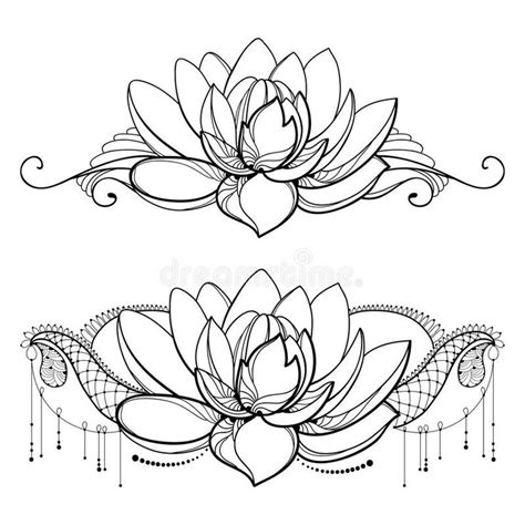 Vector Drawing With Outline Lotus Flower Decorative Lace And Swirls In