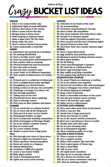 100 Crazy Bucket List Ideas Ordinary And Happy
