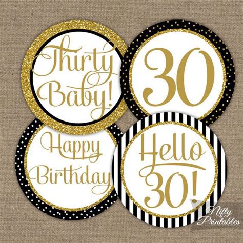 Black And Gold Glitter 30th Birthday Cupcake Toppers Thirtieth Bday