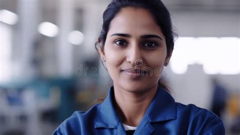 A Smiling Indian Female Electronic Factory Worker Standing In Factory