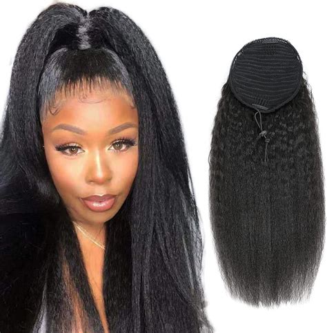 Yaki Straight Ponytail Wrap Drawstring Human Hair Extensions Natrual Black Clip In Afro Hair
