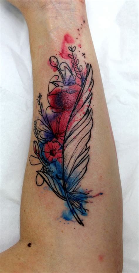 Amazing Colorful Feather With Flowers Tattoo On Arm