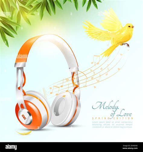 Realistic White Orange Headphones Poster With Flying Canary Music