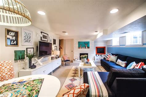Colorful Basement Playroom With Sectional And Game Table Basement