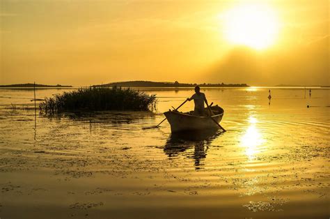 Landscape Nature Lake River Sunset Boat Sun Fishing Wallpaper