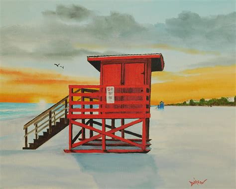 Siesta Key Red Lifeguard Stand Painting By Lloyd Dobson
