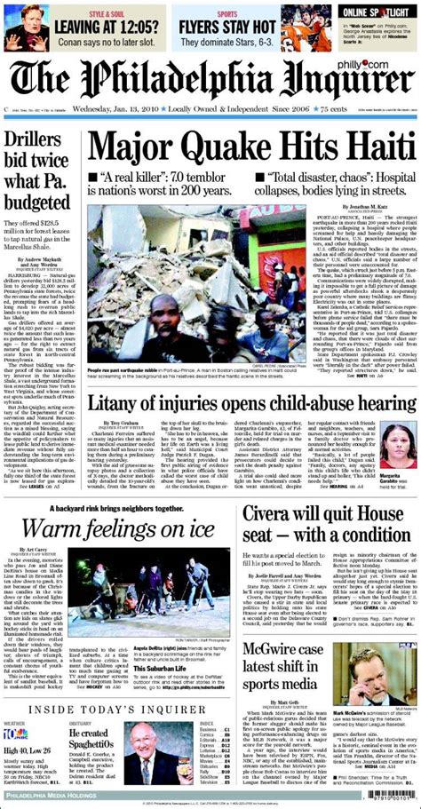 Newspaper Philadelphia Inquirer Usa Newspapers In Usa Wednesdays Edition January 13 Of