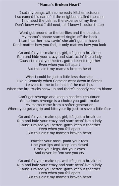 'Mamas broken heart"- Miranda Lambert thanks to AZLyrics.com | Broken