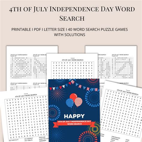 4th Of July Printable 40 Word Search Puzzle Games Patriotic Fourth Of