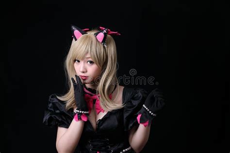 Japan Anime Cosplay Portrait Of Girl Cosplay Isolated In Black