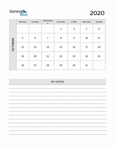 October 2020 Printable Monthly Calendar With Notes