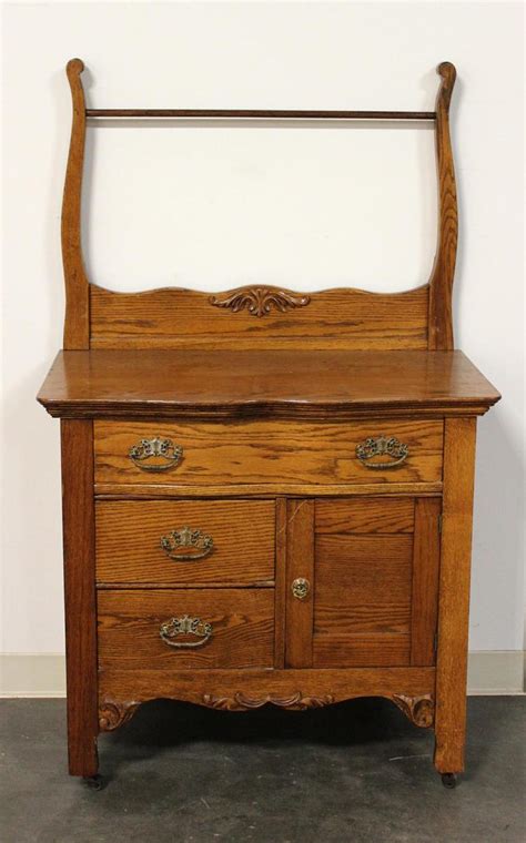 Sold Price Washstand Antique American Oak With Towel Bar Over A