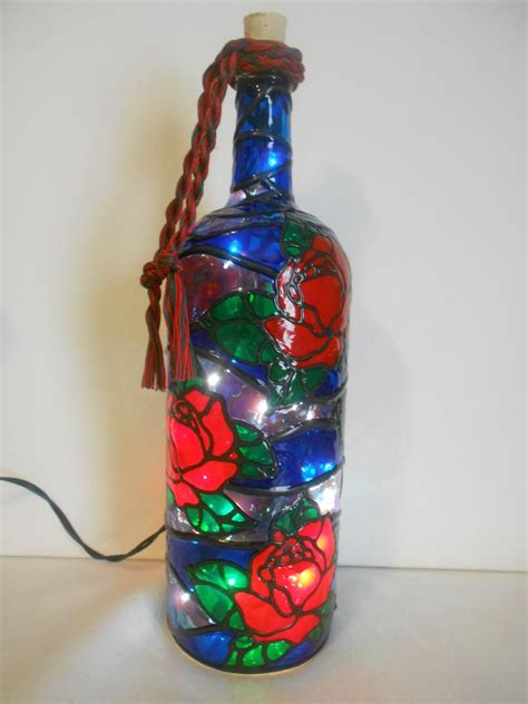 Pretty Roses Lighted Handpainted Wine Bottle Inspired Stained Glass Look Lighted Wine Bottles