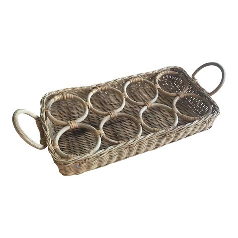 Handy flip down arms support wine glasses. Vintage Wicker Rattan Drink Caddy Carrier Tray | Chairish