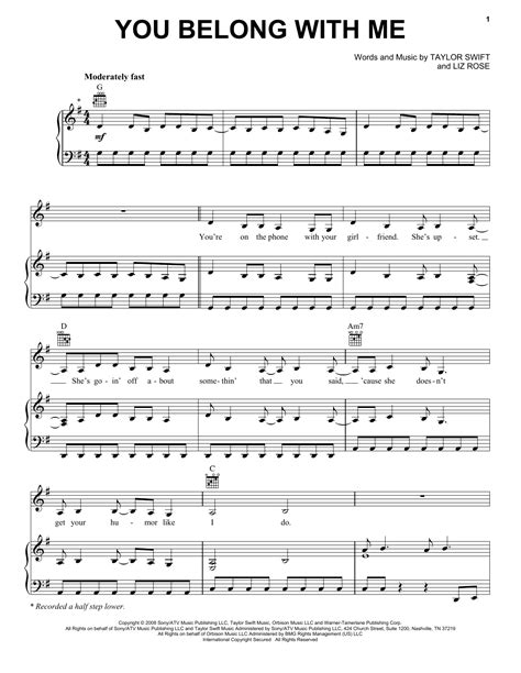 Taylor Swift You Belong With Me Sheet Music Pdf Notes Chords Pop