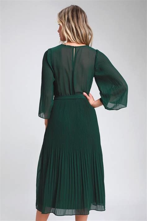 Flirty And Thriving Dark Green Pleated Midi Dress Green Winter Dresses