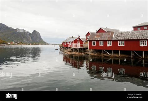 Fishermans Cabins Rorbu Reine In Lofoten Islands Norway Stock Photo