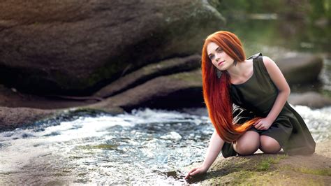 Wallpaper Redhead Women Outdoors Stream Long Hair Blue Eyes Kneeling Rocks Pantyhose