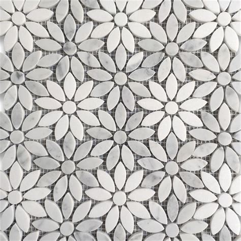 Carrara White And Thassos Marble Daisy Flower Mosaic Tile Honed