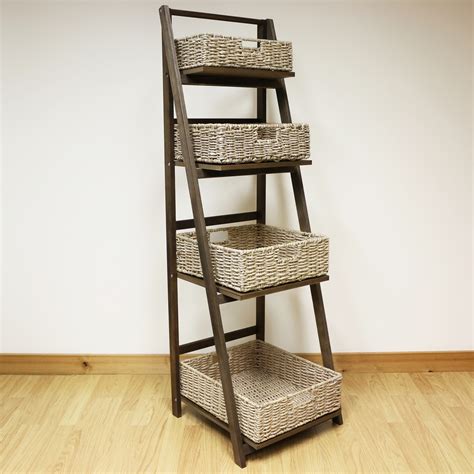 Dark Brown 4 Tier Wooden Ladder Shelf Display Unit And Light Wicker